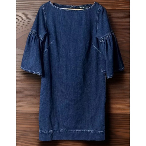 Lauren RALPH LAUREN Blue Jean Dress Denim Bell Sleeve Shift Dress Sz 4 - Picture 3 of 10